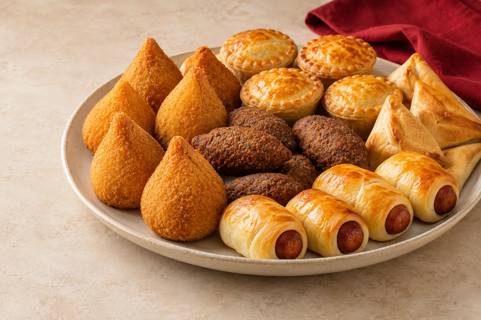 Prato com coxinhas, quibes, empadas, esfihas e enroladinhos